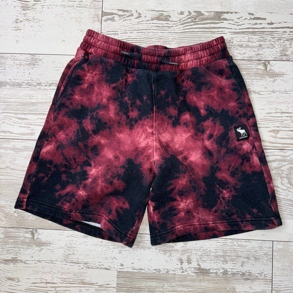 Abercrombie Mens Black Red Elastic Waist Shorts Drawstring 2 Pockets Tie Dye - Picture 1 of 11